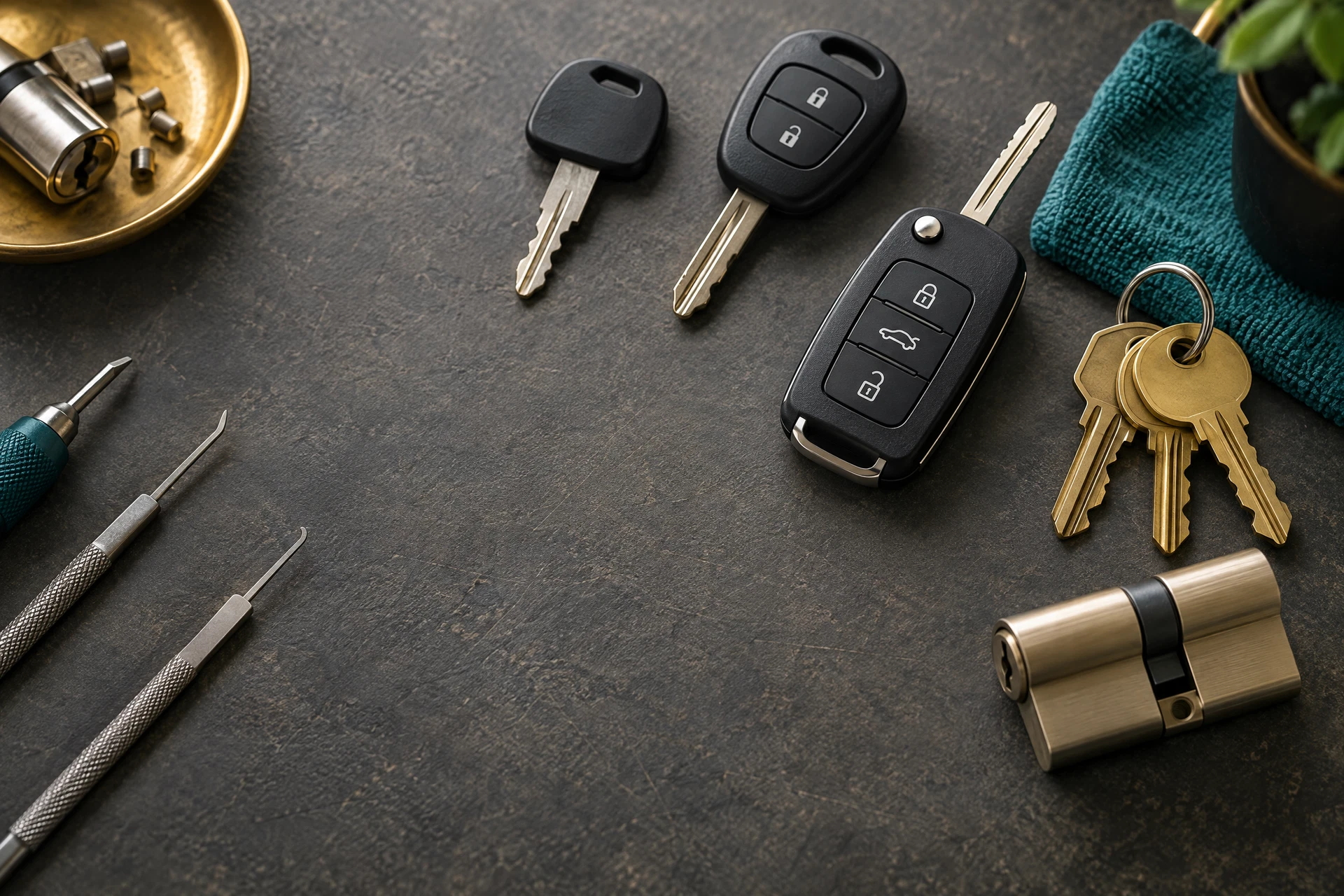 Car keys and house keys arranged on a premium locksmith workbench